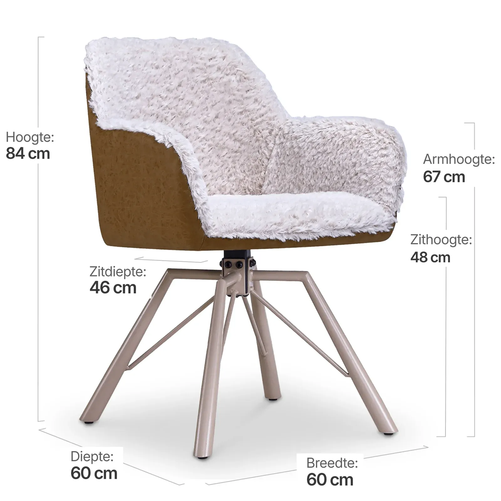 Draaibare Eetkamerstoel Nord | Taupe Sheepskin Cognac Leer | Taupe Onderstel