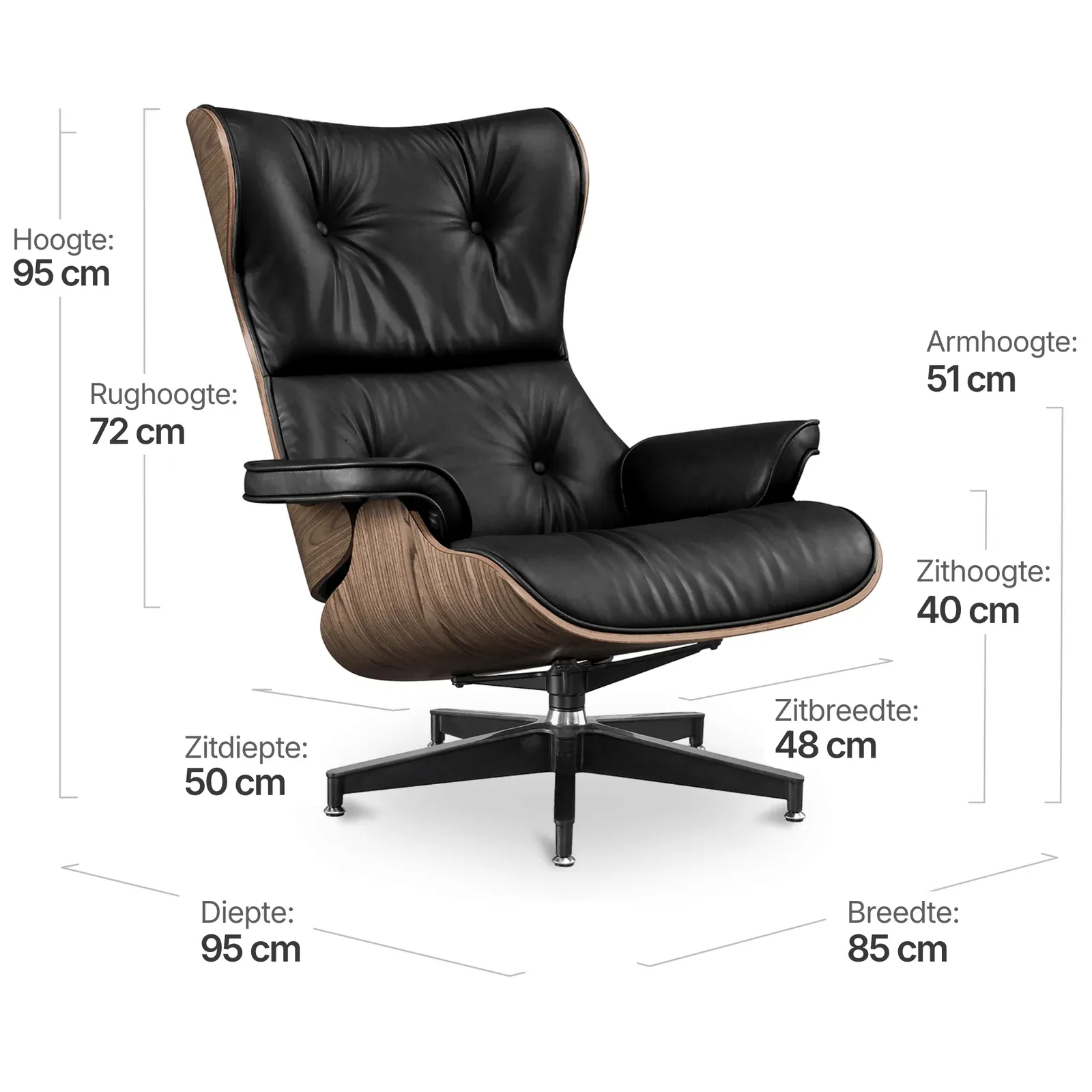 Cavel Lounge Chair Zwart Leer | Walnoot Schalen