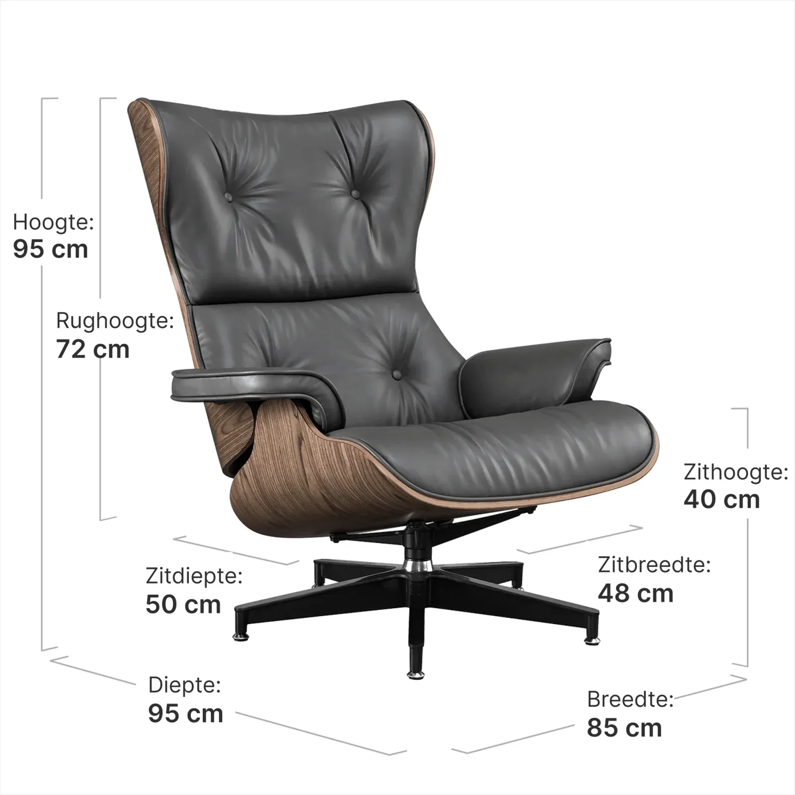 Cavel Lounge Chair Grijs Leer | Walnoot Schalen