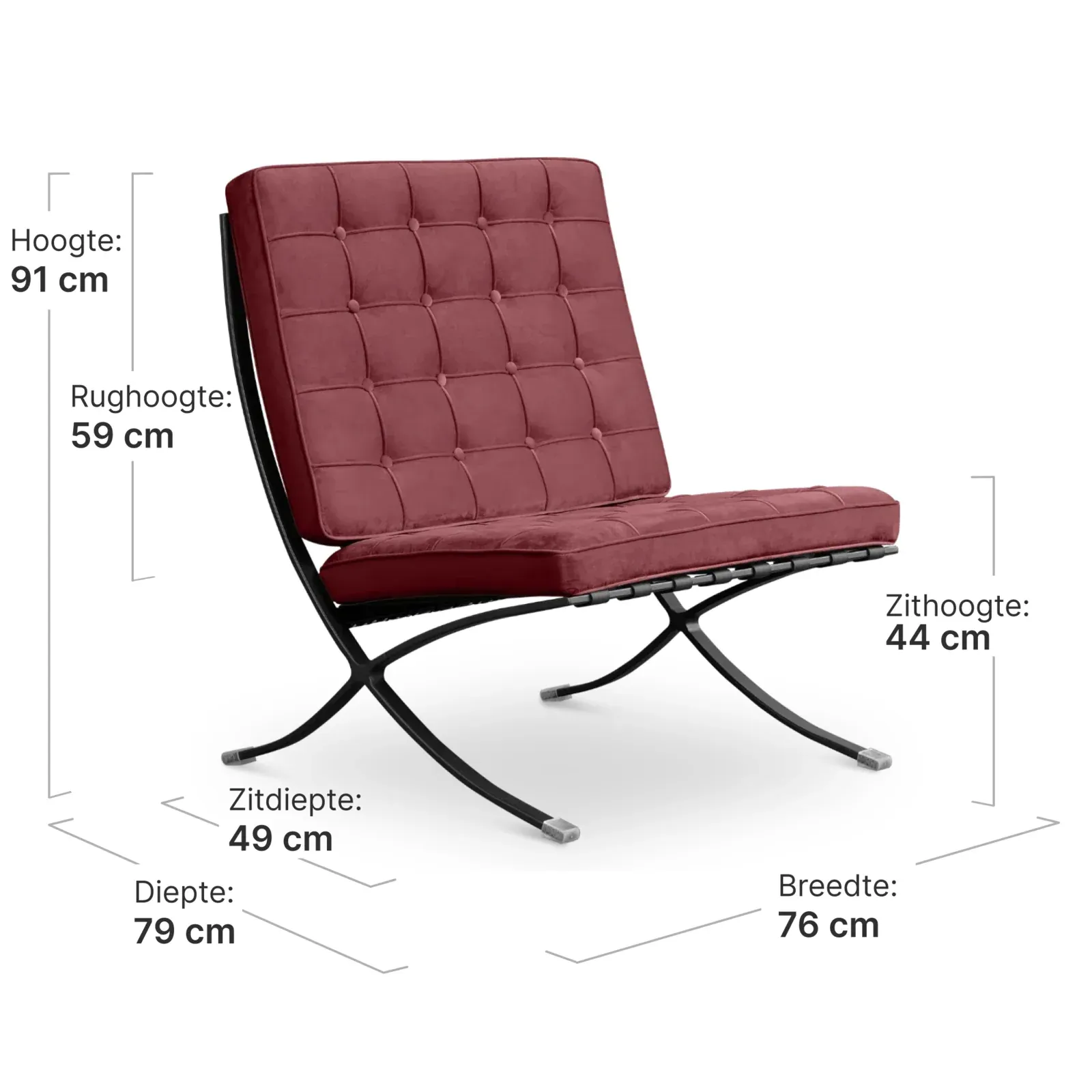 Paviljoen Chair XL Rood Velvet Set | Inclusief Voetenbank | Zwart Frame