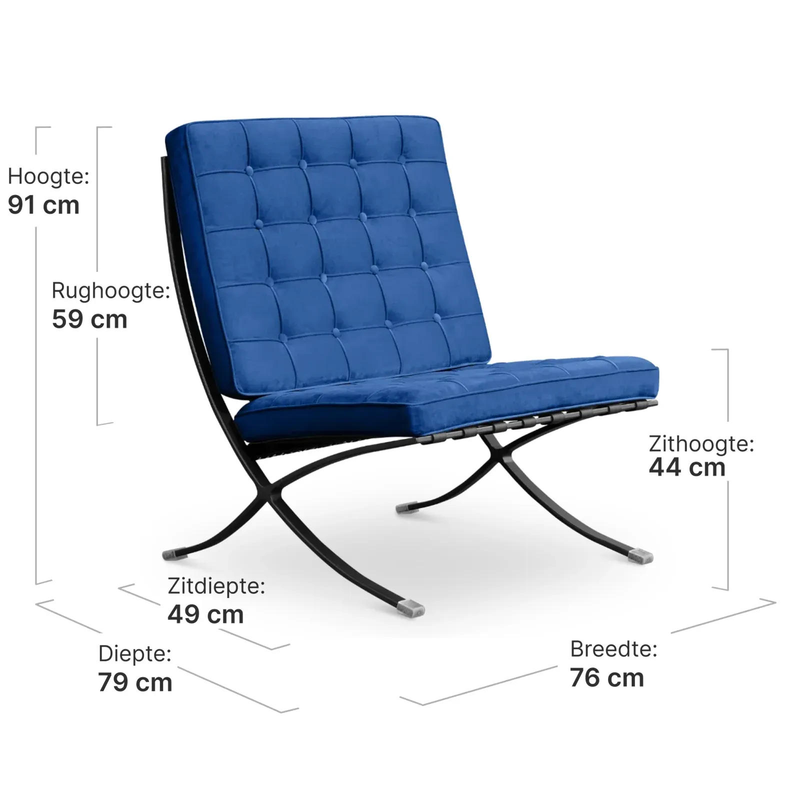 Paviljoen Chair XL Blauw Velvet Set | Inclusief Voetenbank | Zwart Frame
