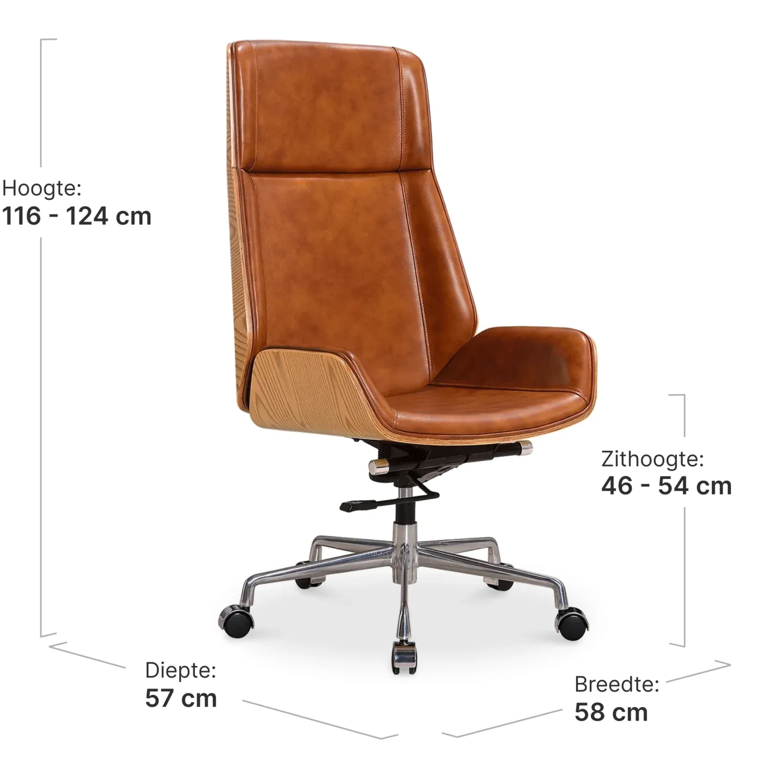 Bureaustoel Charles Cognac Leer, Essen Hout